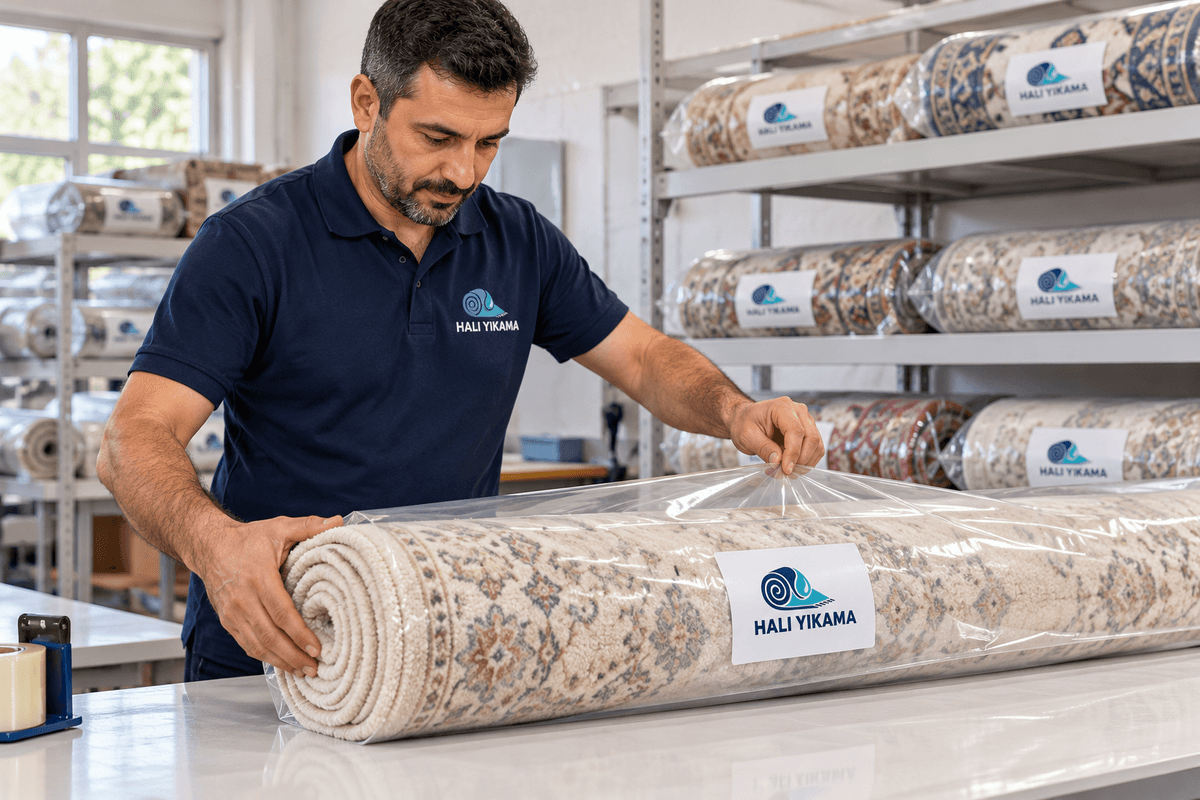 Temizlenmiş halının şeffaf koruyucu kılıfa yerleştirilip paketlenmesi